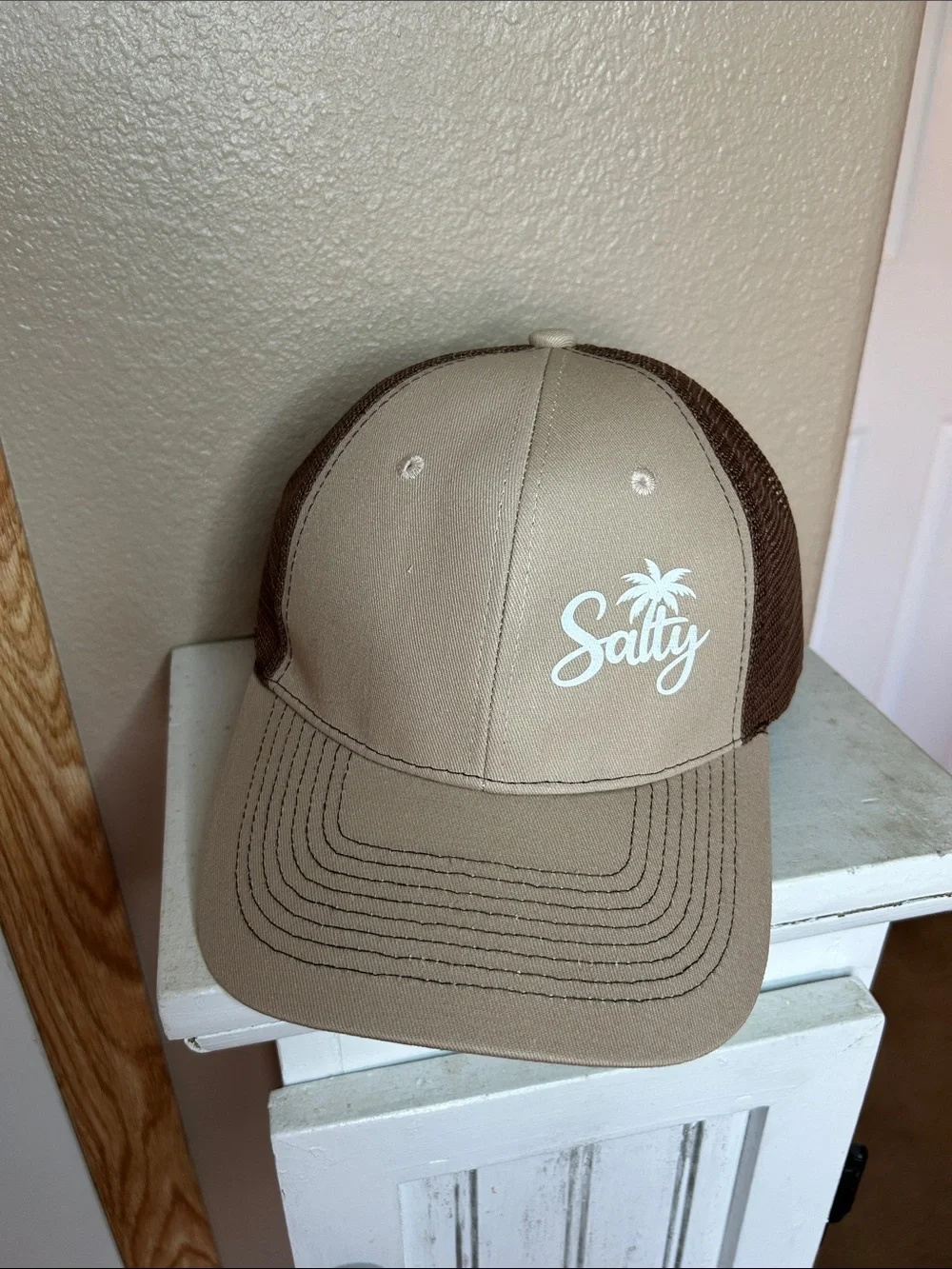 SALTY Logo Trucker Cap in Taupe and Brown